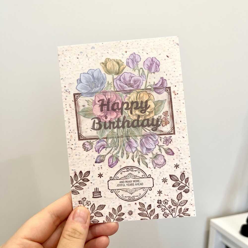 Floral Happy Birthday Card, Vintage Botanical Greeting, Blank Inside 4x6 Folded